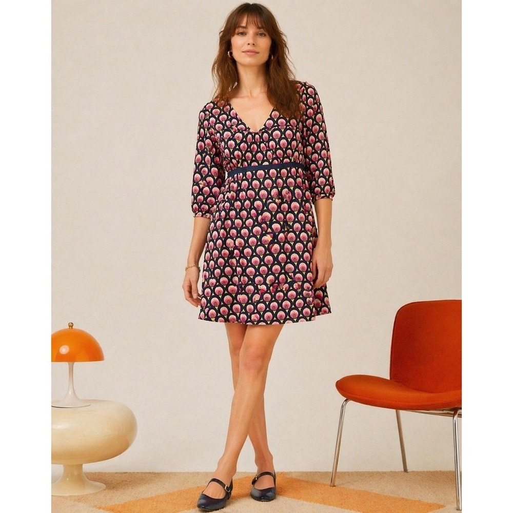 Boden Mini Dress Womens 12 Pink Navy Geometric Mod Empire Waist 3/4 Sleeve Retro